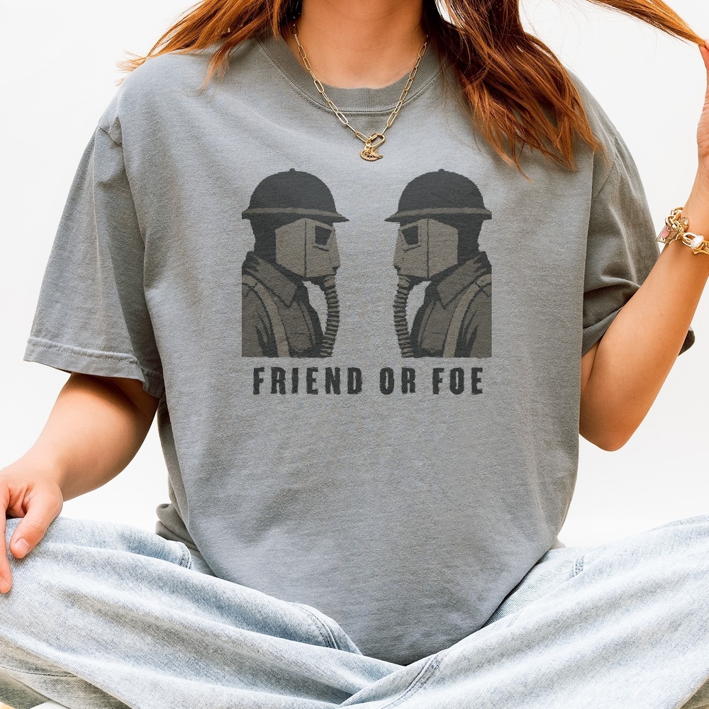 Friend or Foe Gas Masked Soldiers Facing Off Tee